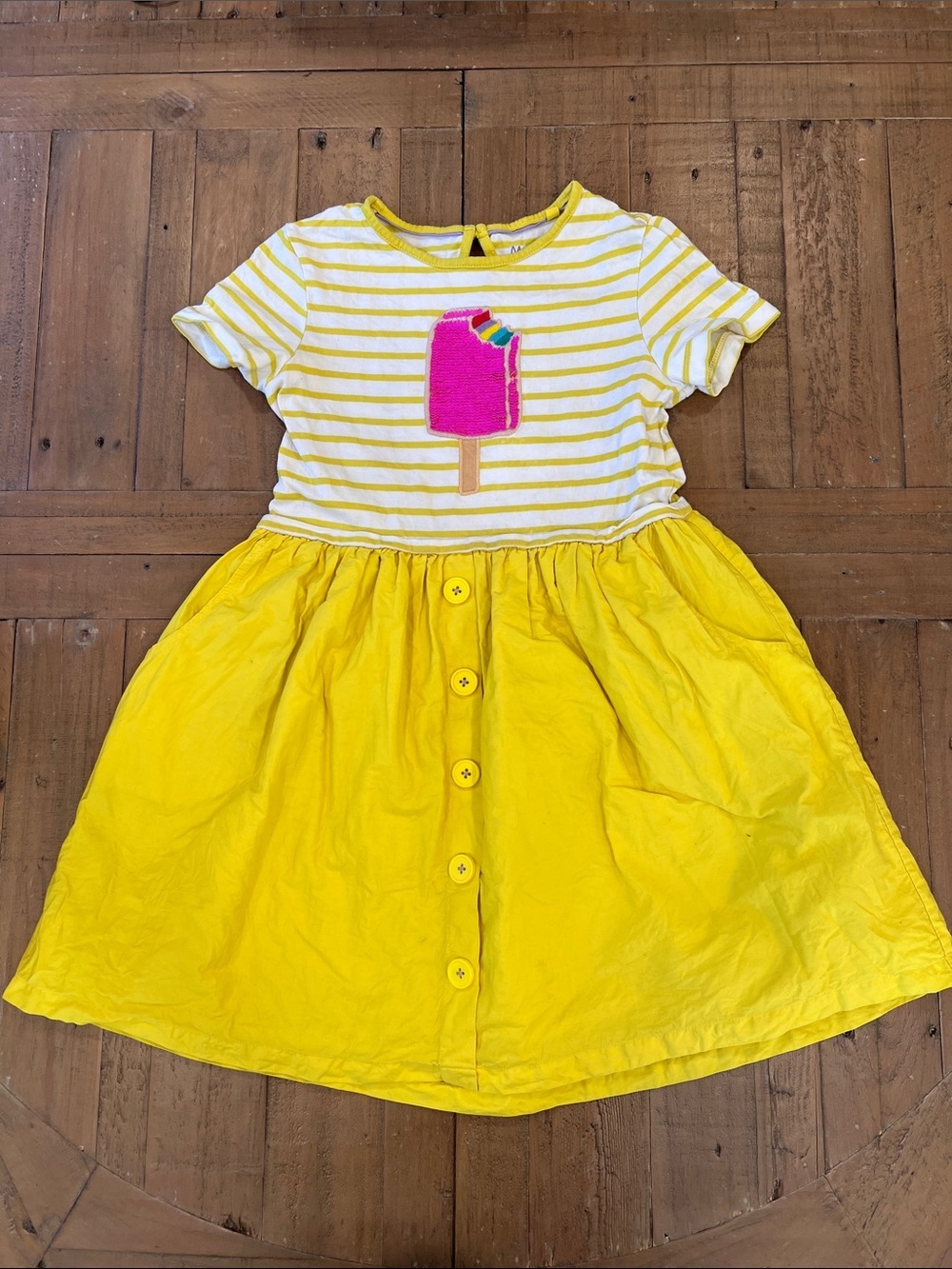 Mini Boden yellow stripe flip sequin popsicle dress 8-9 years